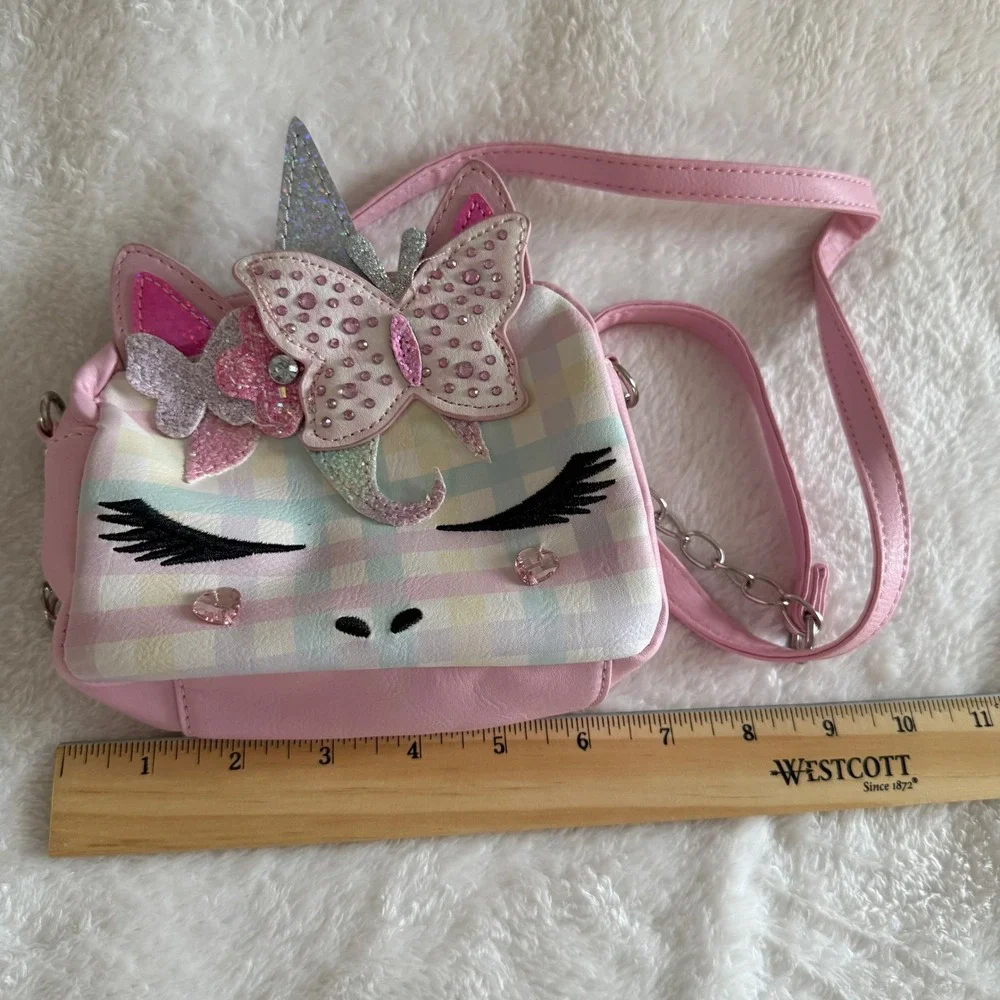 OMG Accessories Unicorn Crossbody‎ Purse Pink Plaid Butterfly Rhinestone Girls
